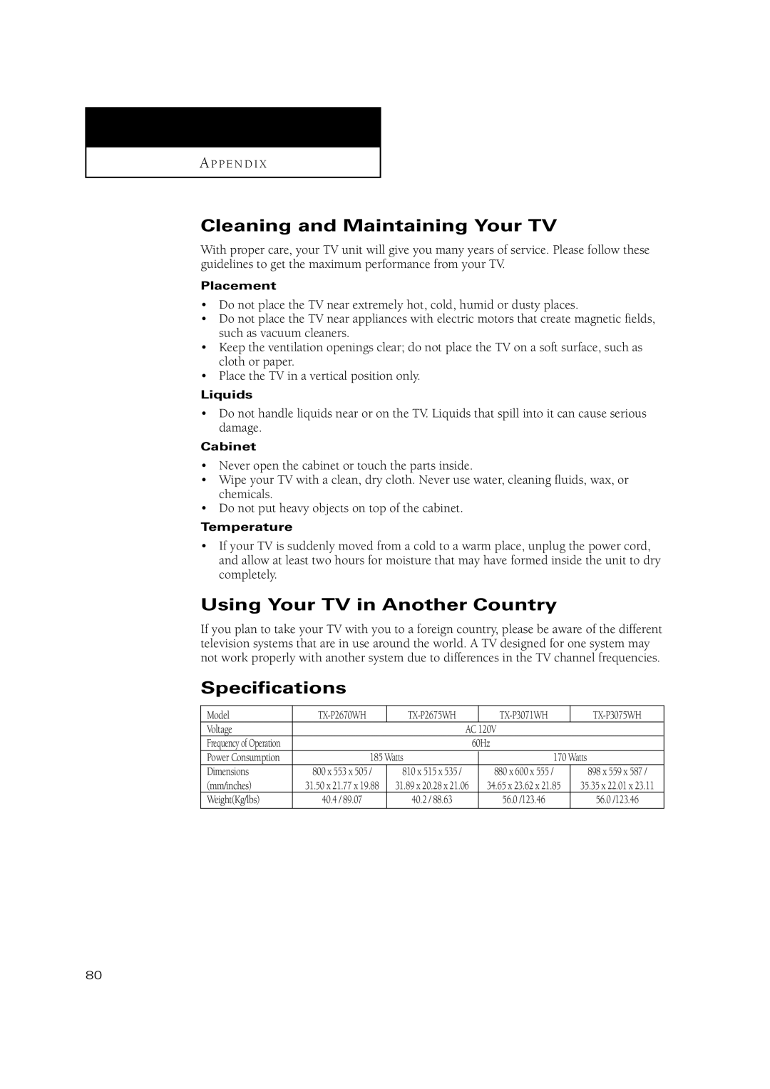 Samsung TX P2670WH, TX P3071WH manual Cleaning and Maintaining Your TV, Using Your TV in Another Country, Specifications 