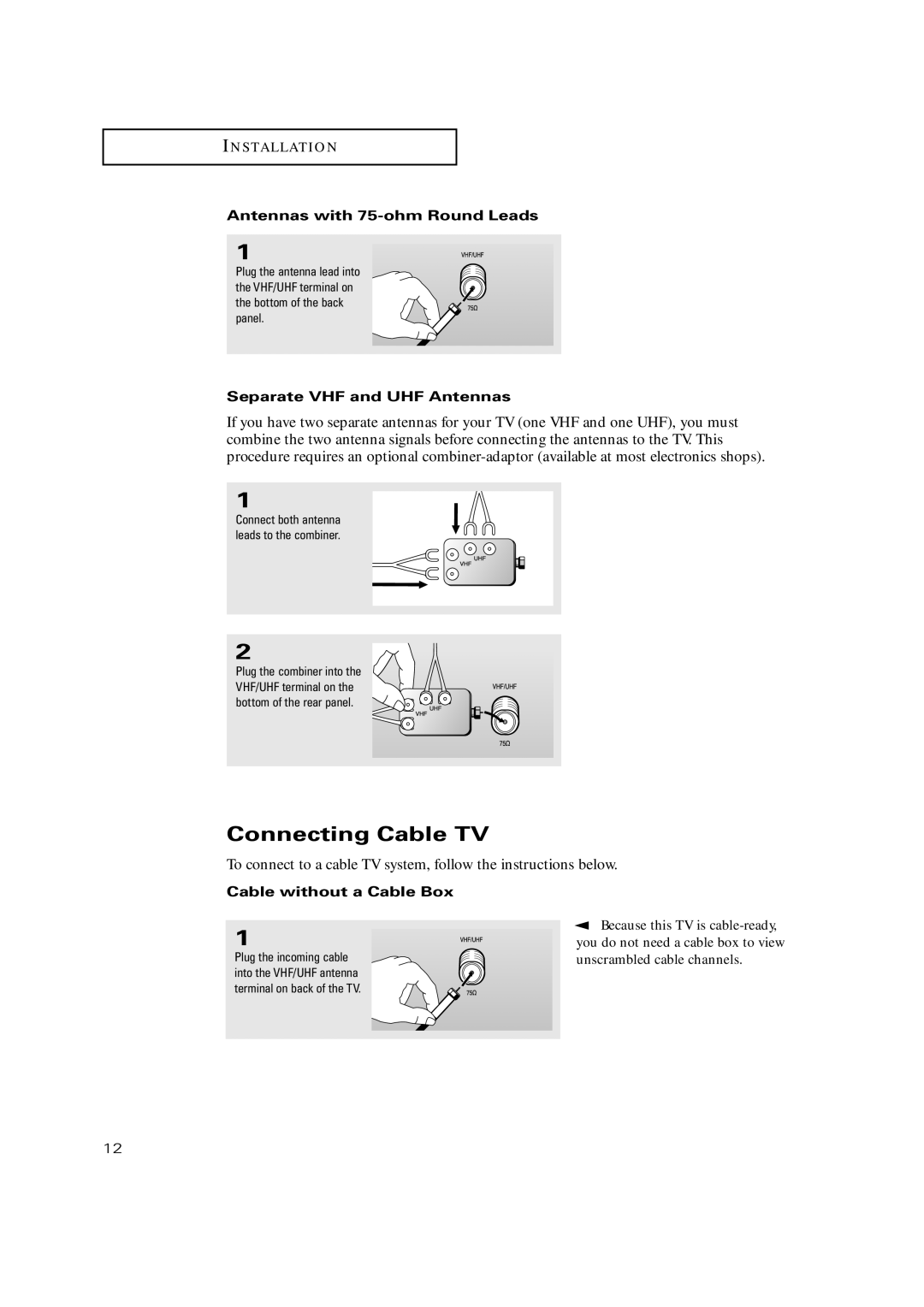 Samsung TX P2730 manual Connecting Cable TV, Antennas with 75-ohm Round Leads, Separate VHF and UHF Antennas 