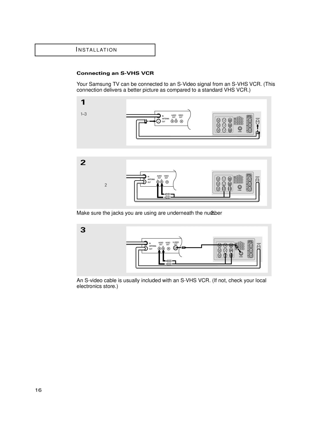 Samsung TX P2730 manual Make sure the jacks you are using are underneath the number, Connecting an S-VHS VCR 