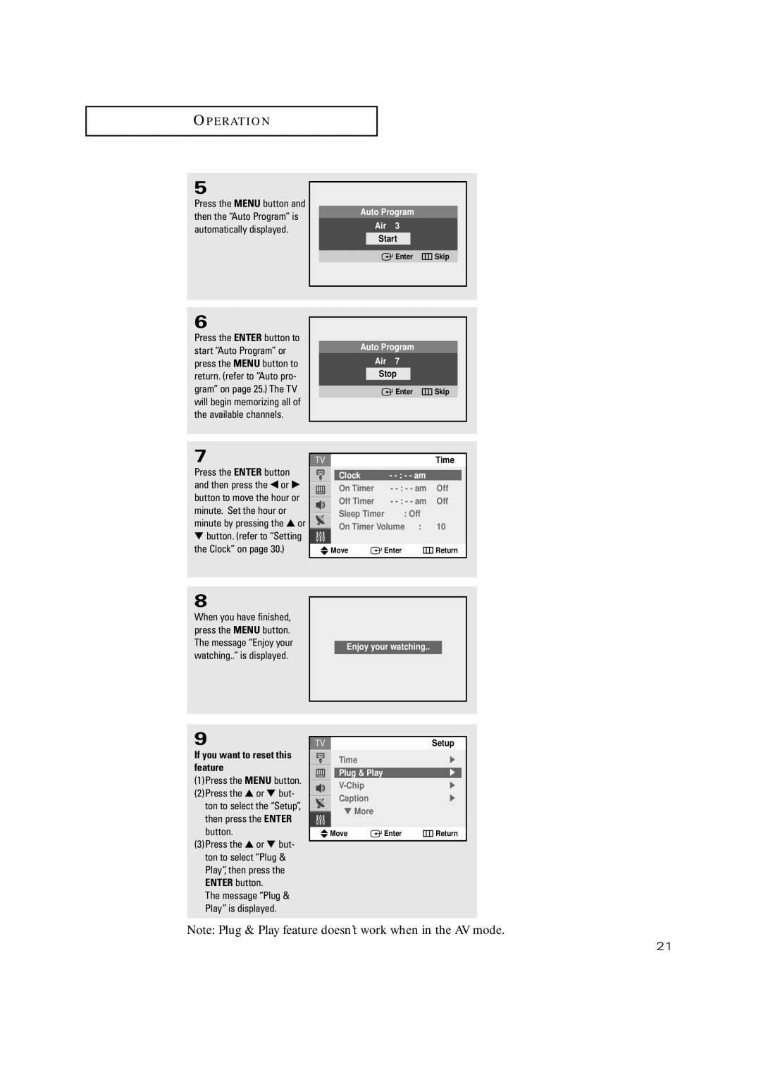 Samsung TX-P3235, TXP2734, TXP2730, TXP2728 Ton to select the Setup, then press the Enter button, Auto Program Air, Clock 