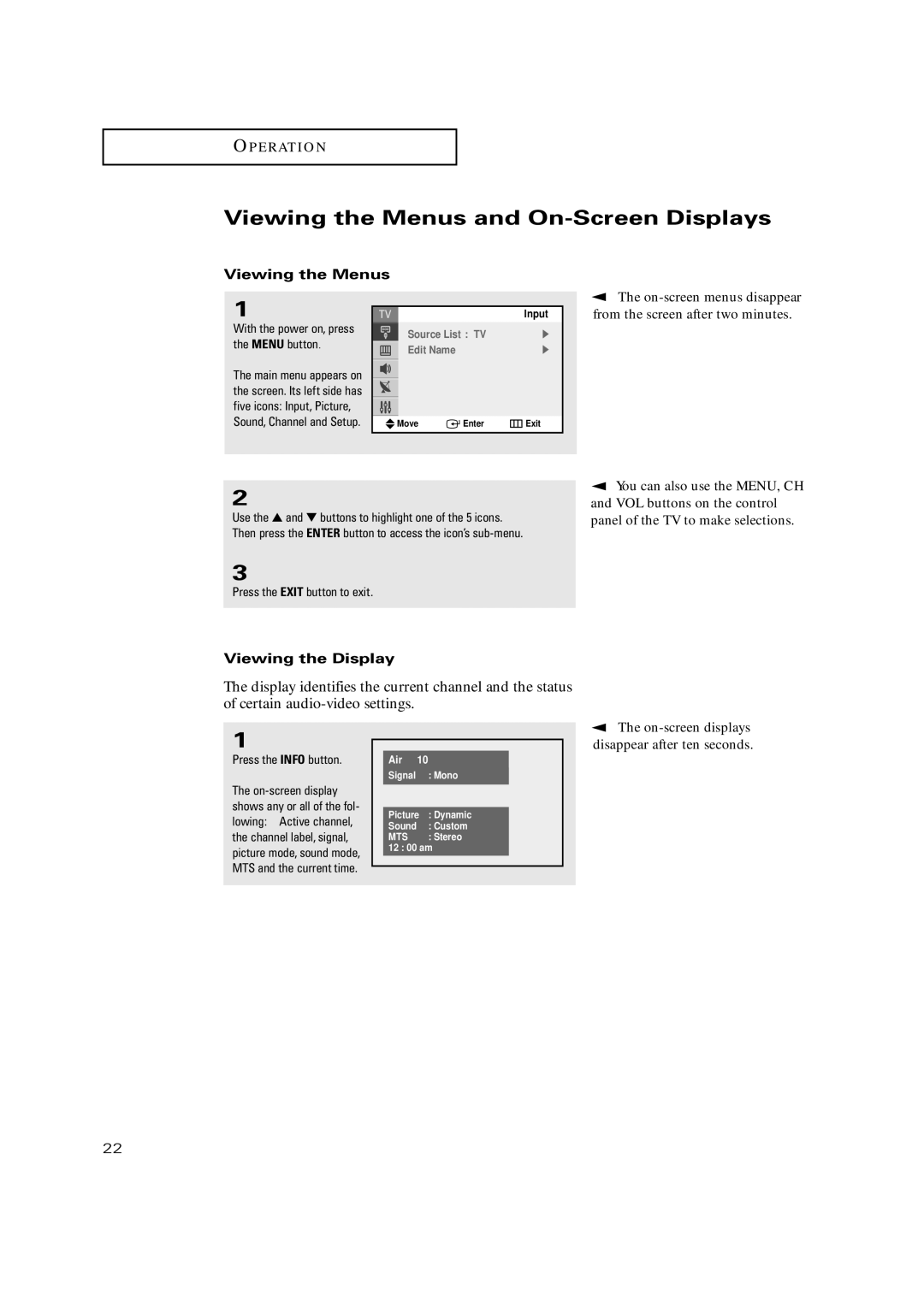 Samsung TX P2730 Viewing the Menus and On-Screen Displays, On-screen menus disappear from the screen after two minutes 