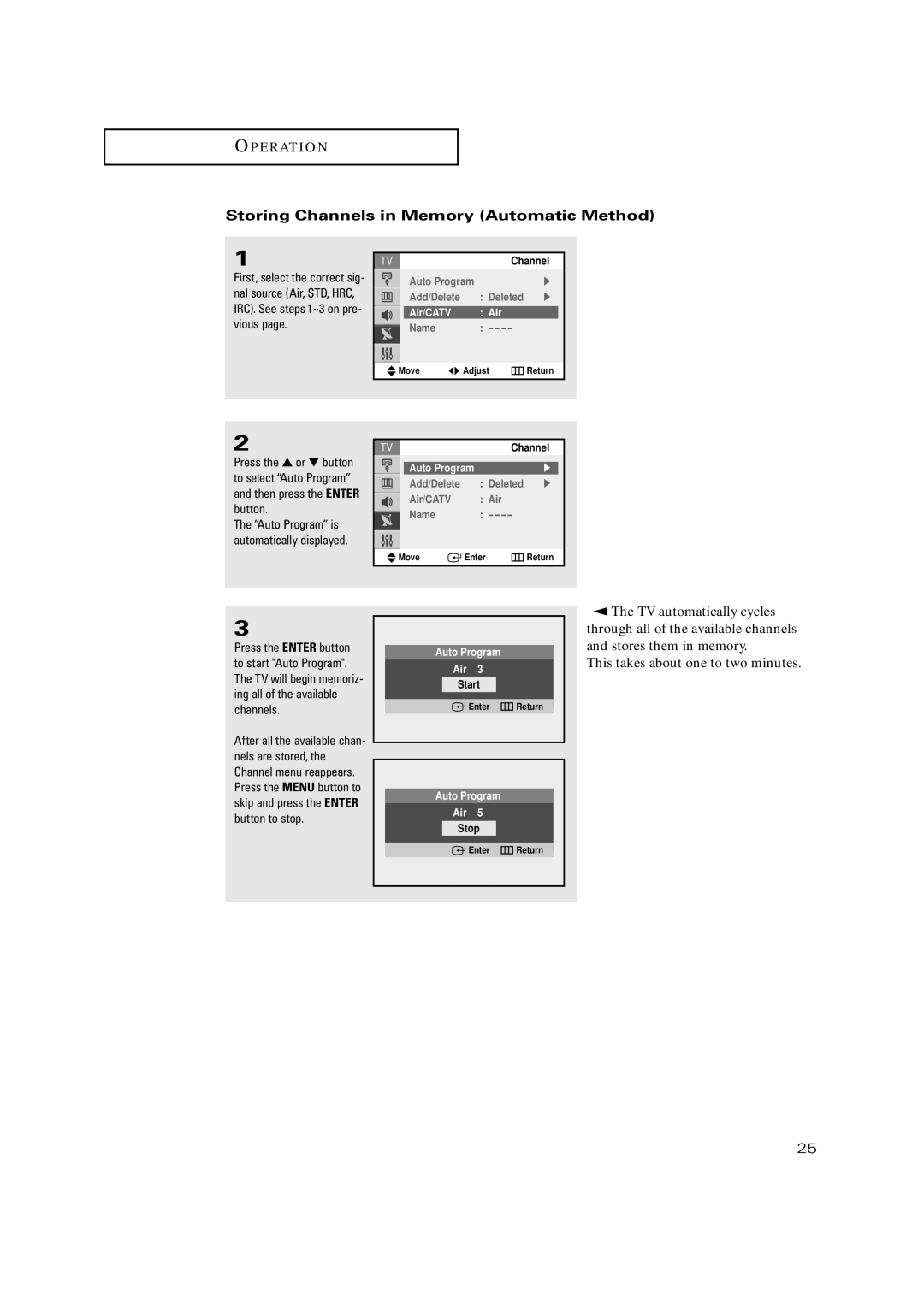 Samsung TX-P3235, TXP2734, TXP2730, TXP2728, TX P2730 manual Storing Channels in Memory Automatic Method, Auto Program Air 