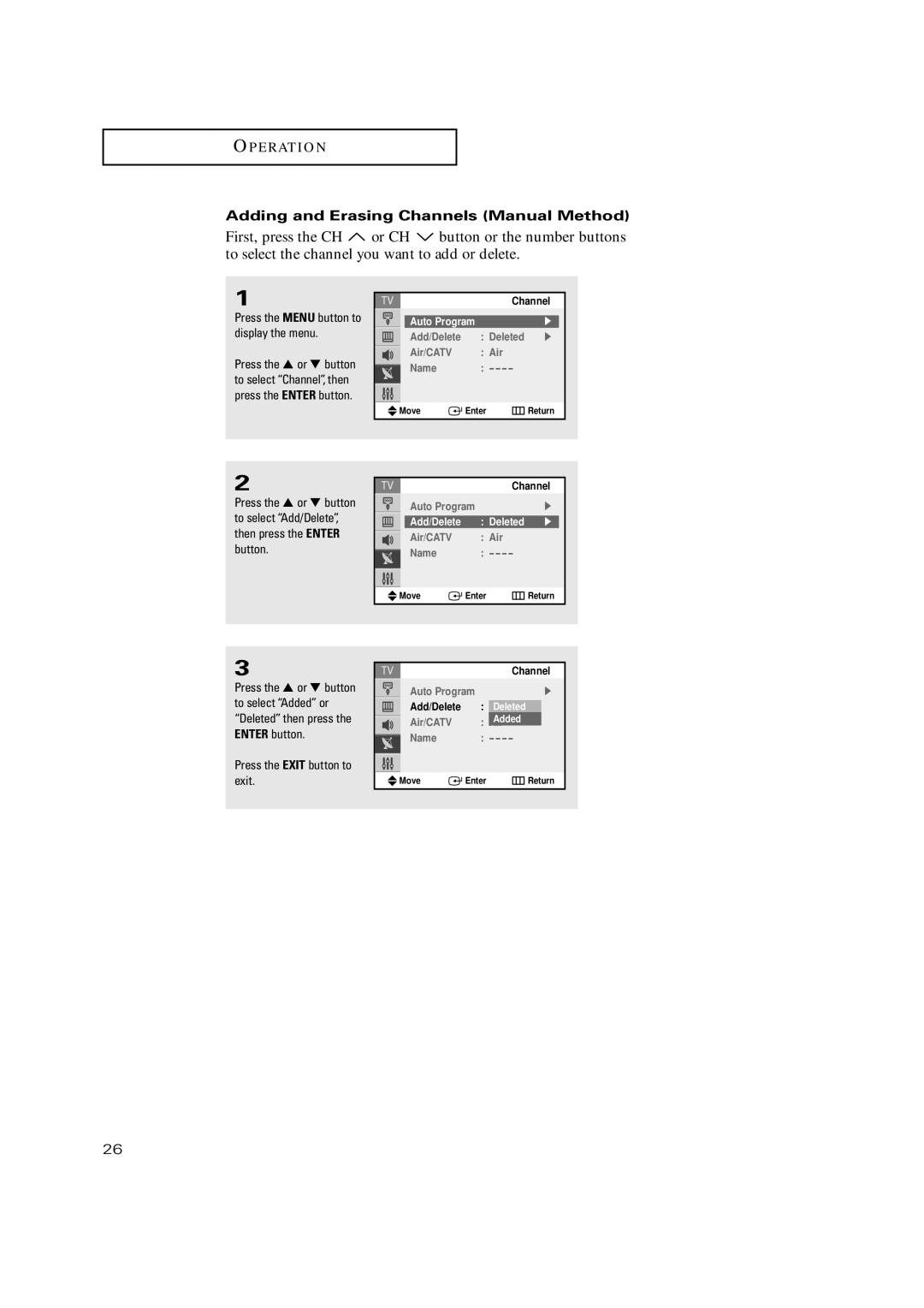 Samsung TX P2730, TX-P3235, TXP2734, TXP2730, TXP2728 Adding and Erasing Channels Manual Method, Add/Delete Deleted, Added 