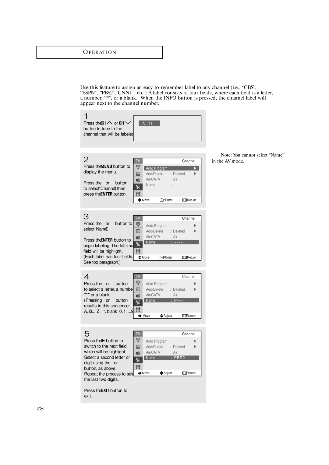 Samsung TX P2730 manual Labeling the Channels, AV mode, Auto Program Add/Delete Deleted Air/CATV, Name PBS2 