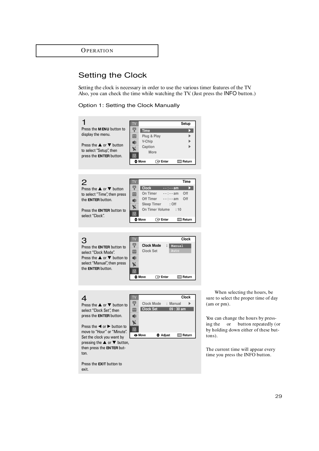 Samsung TX-P3235, TXP2734, TXP2730, TXP2728, TX P2730 manual Option 1 Setting the Clock Manually, Clock Set 09 30 am 