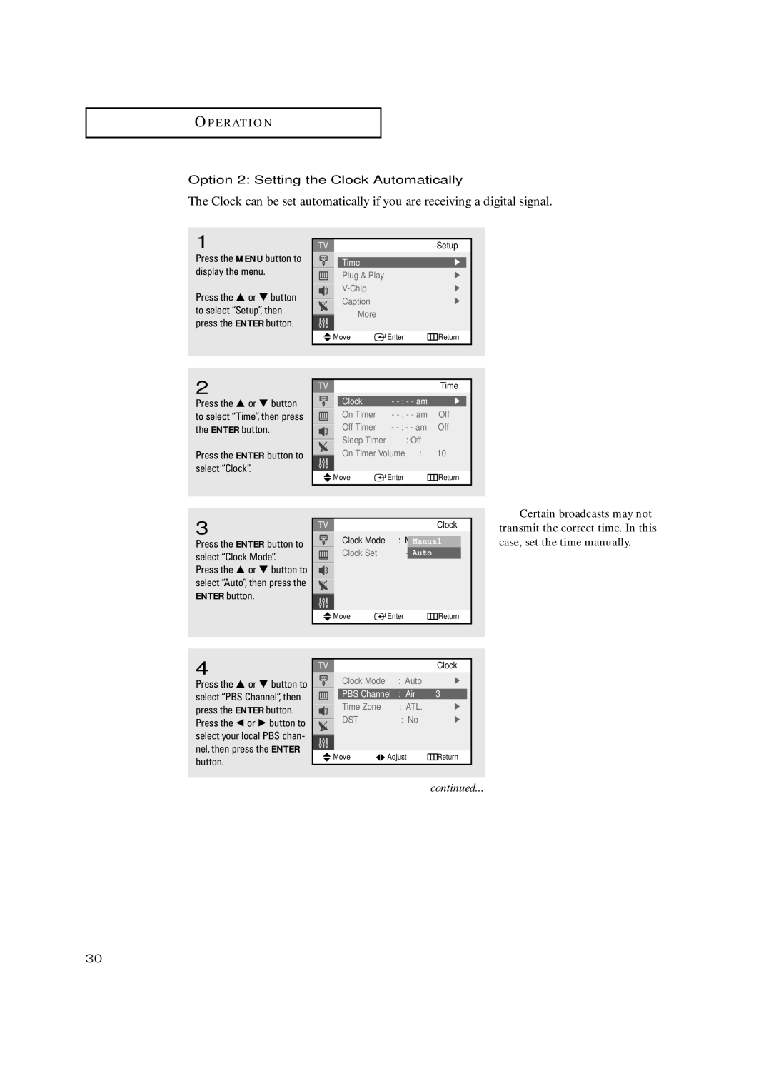 Samsung TX P2730 Option 2 Setting the Clock Automatically, Certain broadcasts may not, PBS Channel Air, Time Zone ATL 