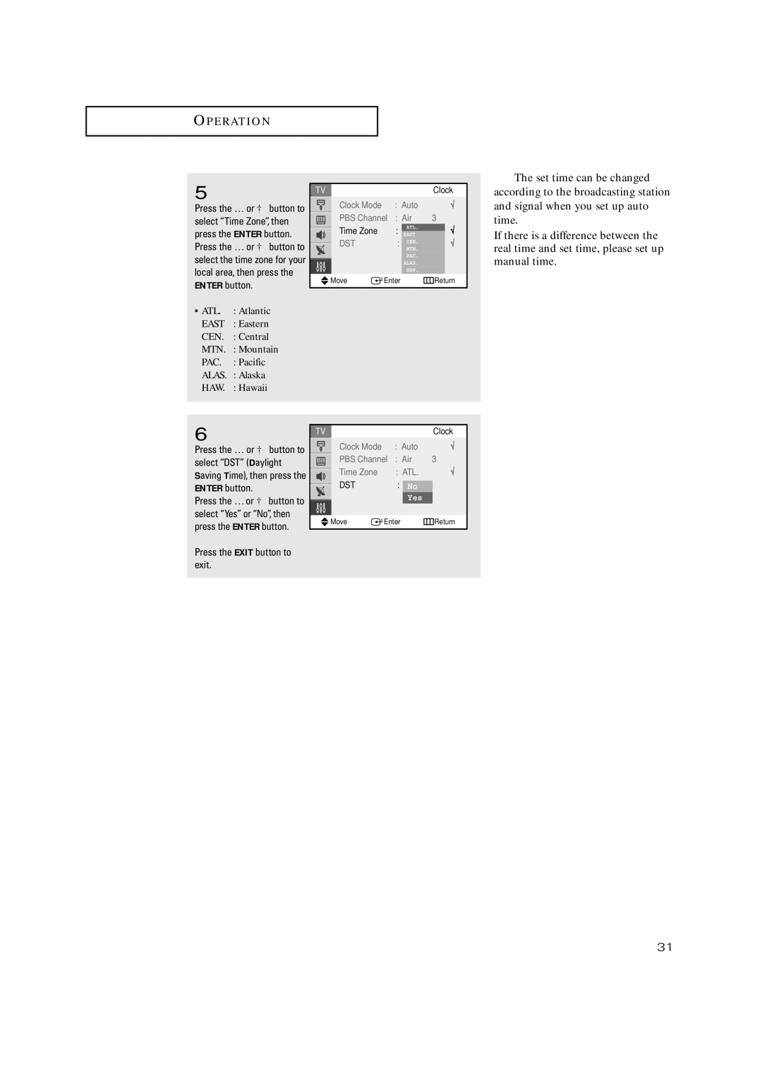 Samsung TX-P3235, TXP2734, TXP2730, TXP2728, TX P2730 manual Set time can be changed, Auto PBS Channel Air, Time Zone, NoNo 