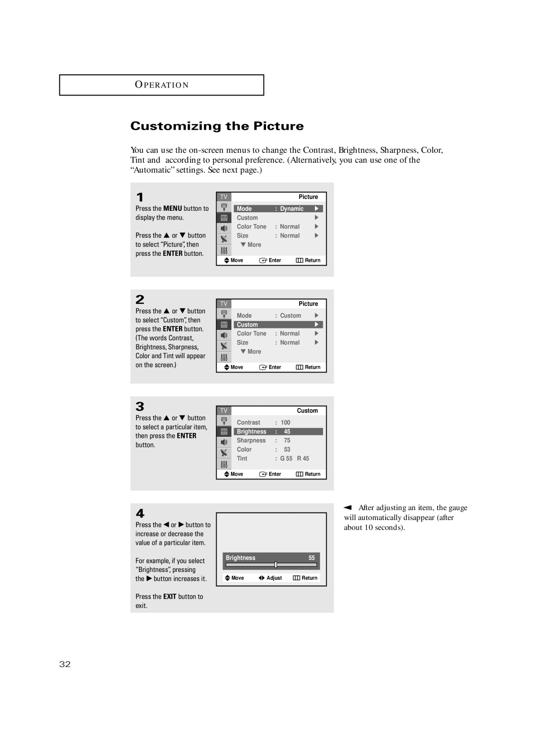 Samsung TX P2730, TX-P3235, TXP2734, TXP2730, TXP2728 manual Customizing the Picture, After adjusting an item, the gauge 