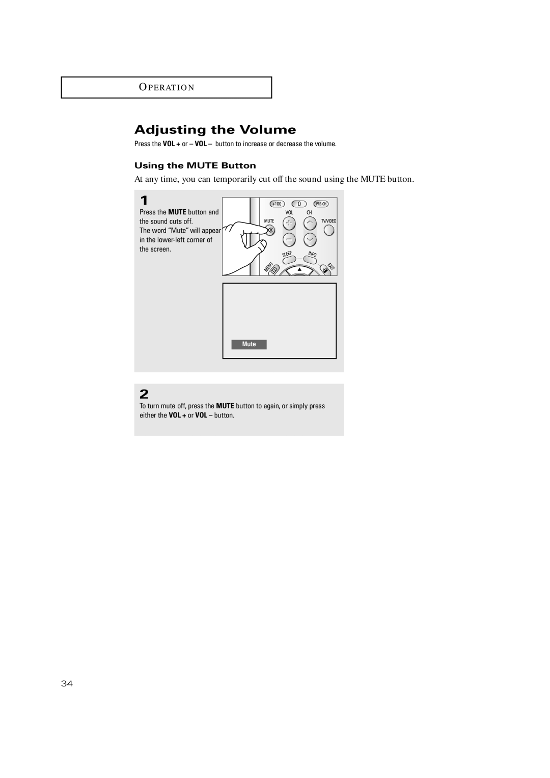 Samsung TX P2730, TX-P3235, TXP2734, TXP2730, TXP2728 manual Adjusting the Volume, Using the Mute Button 