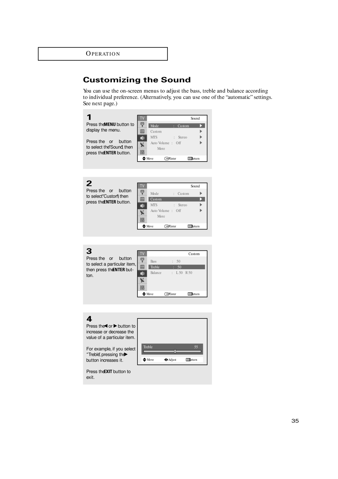 Samsung TX-P3235, TXP2734, TXP2730, TXP2728, TX P2730 manual Customizing the Sound, Mode Custom, Treble55 