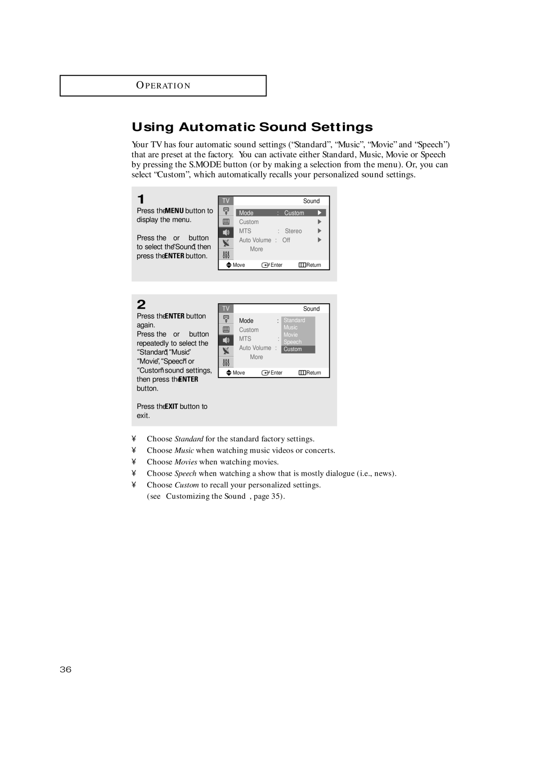 Samsung TX P2730 manual Using Automatic Sound Settings, Music Movie, Mono Auto Volume, Speech 