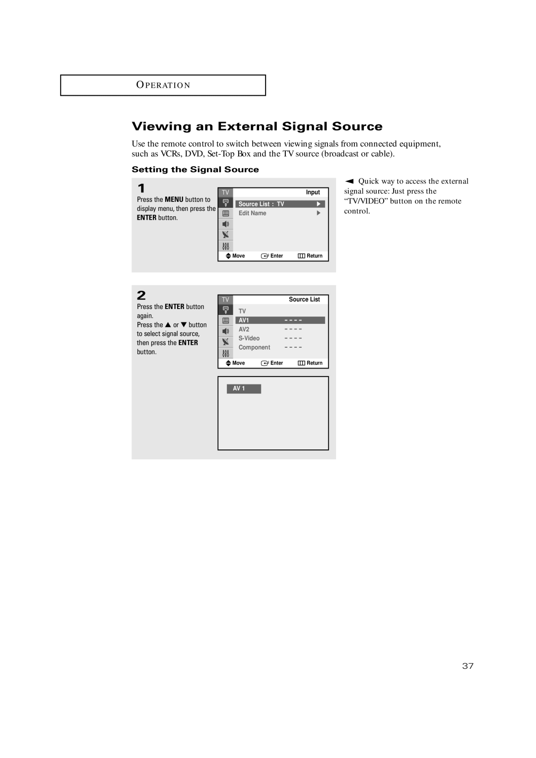 Samsung TX-P3235, TXP2734, TXP2730, TXP2728 Viewing an External Signal Source, Setting the Signal Source, Enter button 