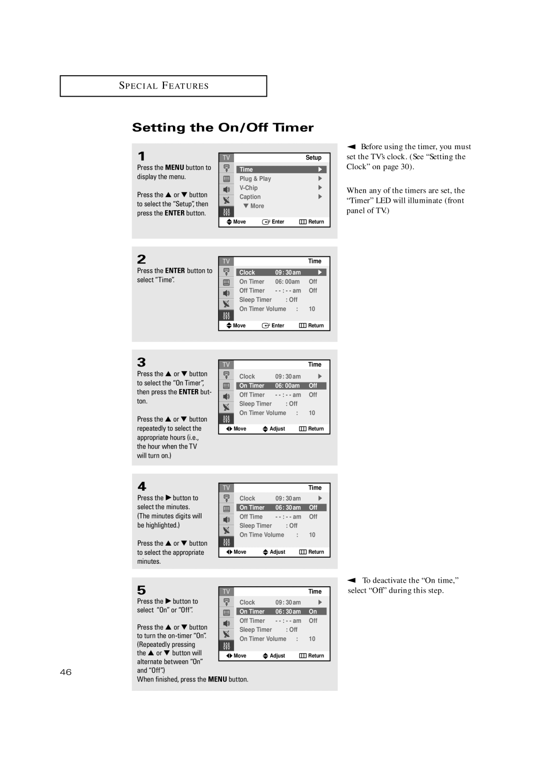 Samsung TX P2730 manual Setting the On/Off Timer, To deactivate the On time, select Off during this step 