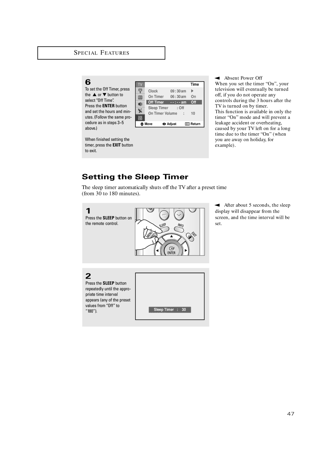 Samsung TX-P3235, TXP2734, TXP2730, TXP2728, TX P2730 manual Setting the Sleep Timer 