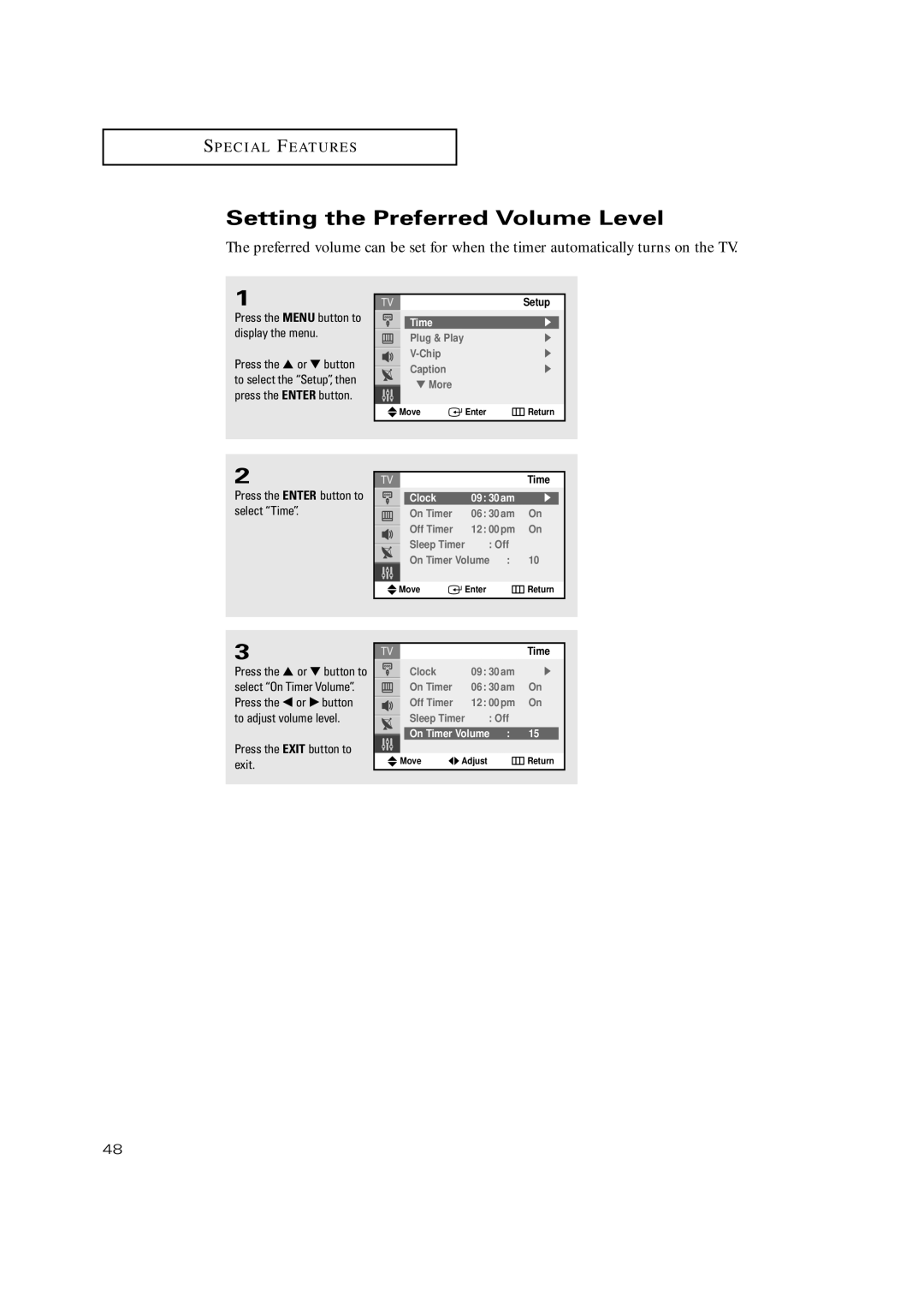 Samsung TX P2730 manual Setting the Preferred Volume Level, On Timer 06 30am Off Timer 12 00pm, On Timer Volume 