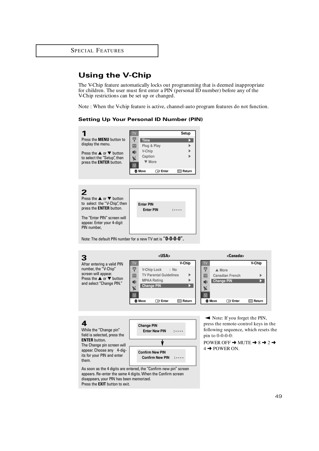 Samsung TX-P3235, TXP2734, TXP2730, TXP2728, TX P2730 manual Using the V-Chip, Setting Up Your Personal ID Number PIN 