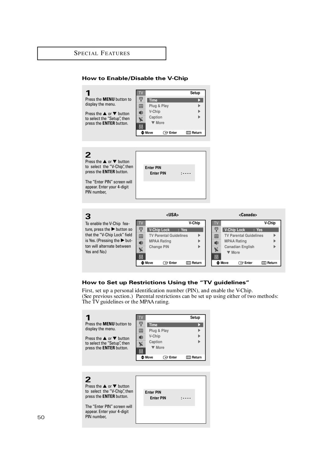 Samsung TX P2730 manual How to Enable/Disable the V-Chip, How to Set up Restrictions Using the TV guidelines, PIN number 