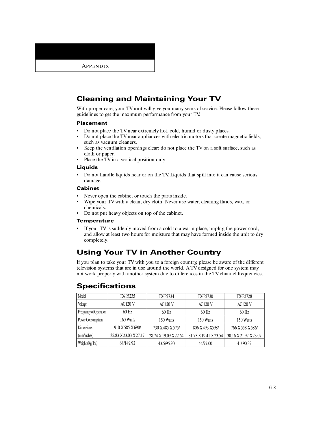 Samsung TX-P3235, TXP2734, TXP2730, TXP2728, TX P2730 Cleaning and Maintaining Your TV, Using Your TV in Another Country 