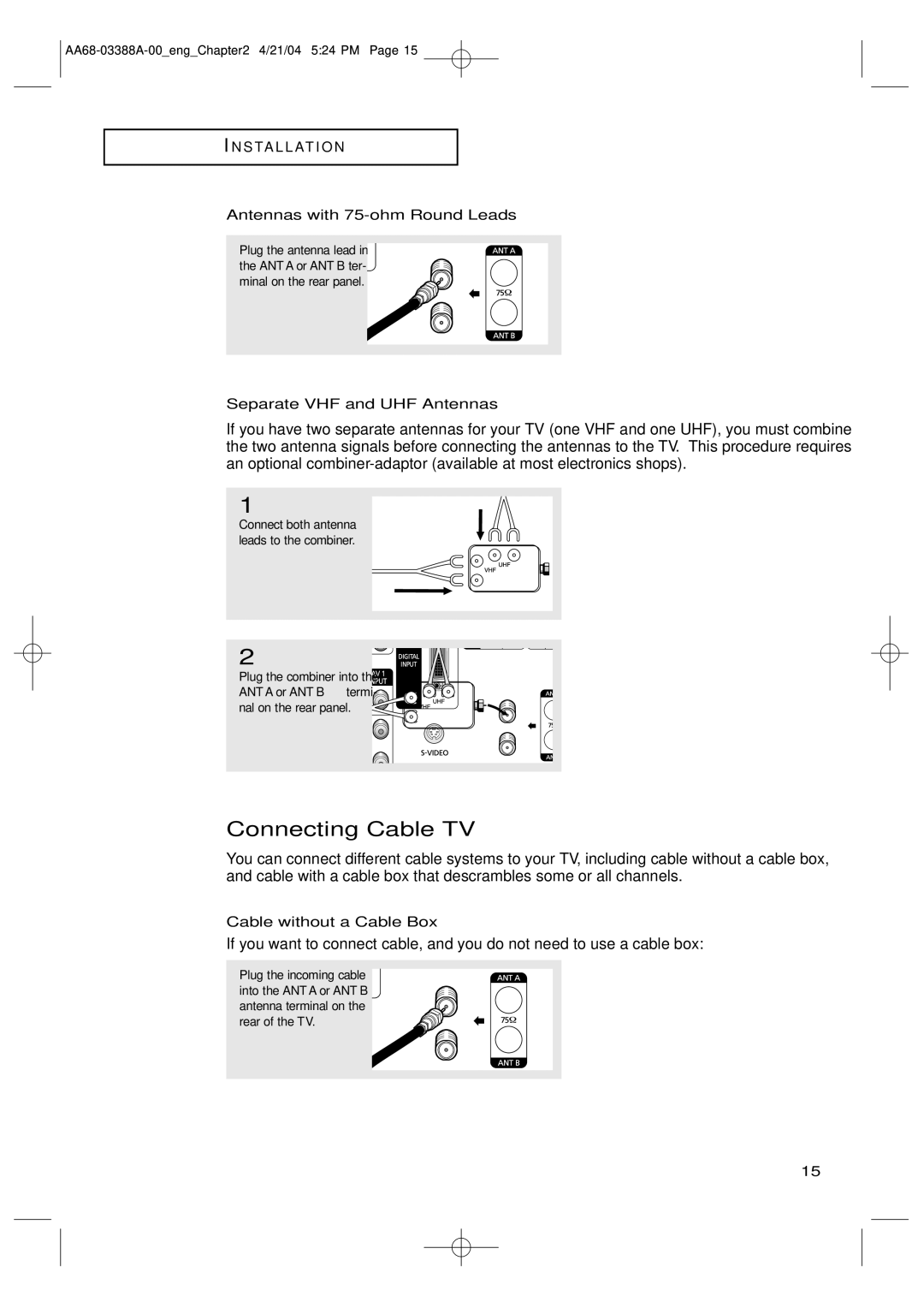 Samsung TX-P3076WH manual Connecting Cable TV, Antennas with 75-ohm Round Leads, Separate VHF and UHF Antennas 