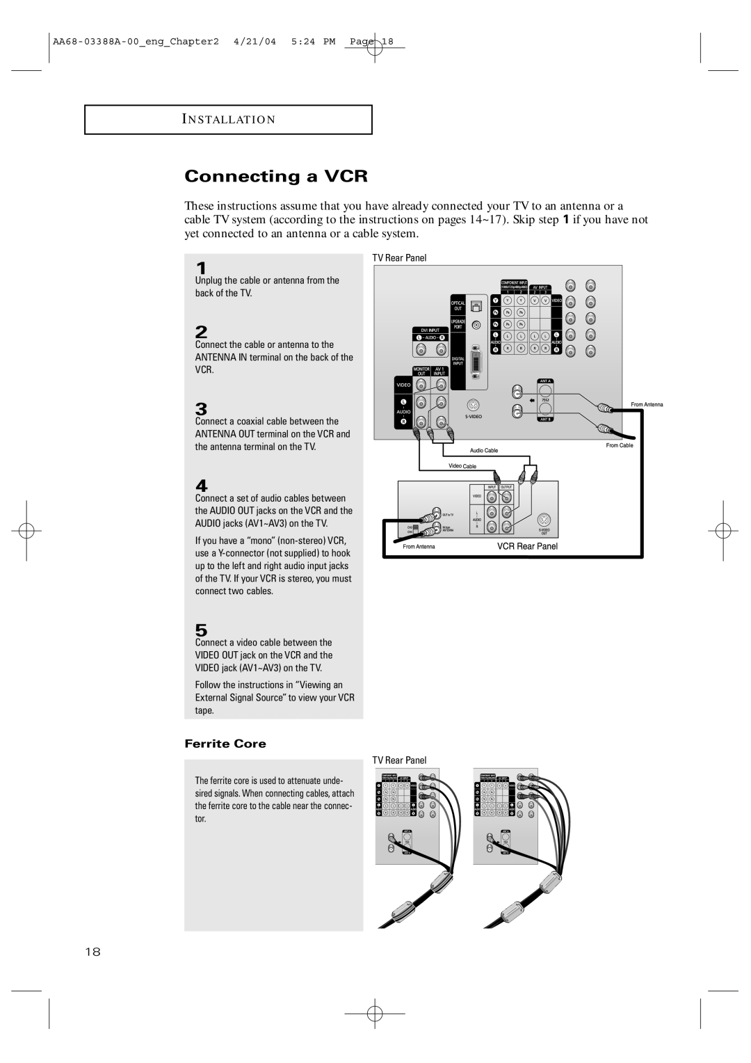 Samsung TX-P3076WH manual Connecting a VCR, Ferrite Core, TV Rear Panel 