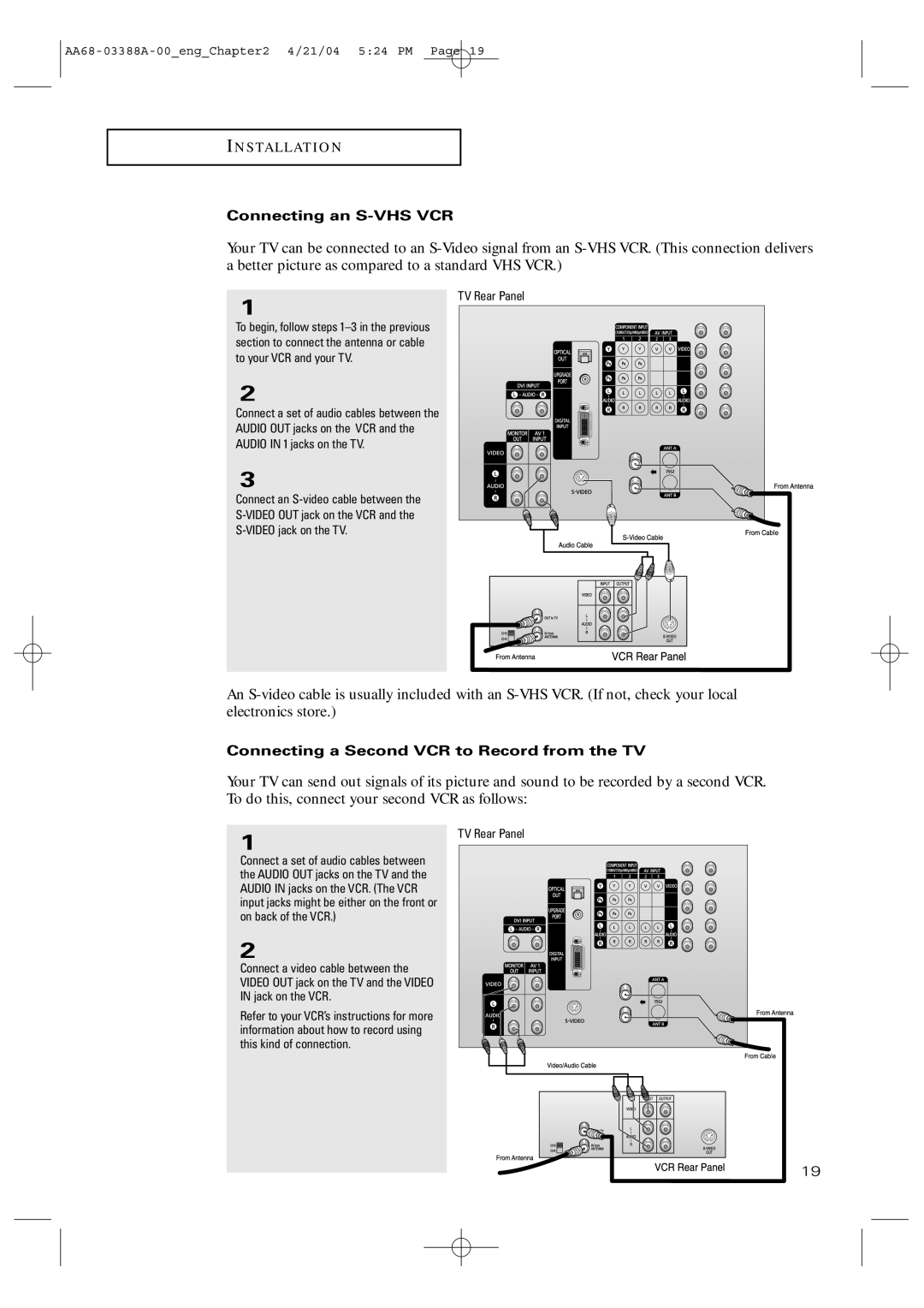 Samsung TX-P3076WH manual Connecting an S-VHS VCR, Connecting a Second VCR to Record from the TV 