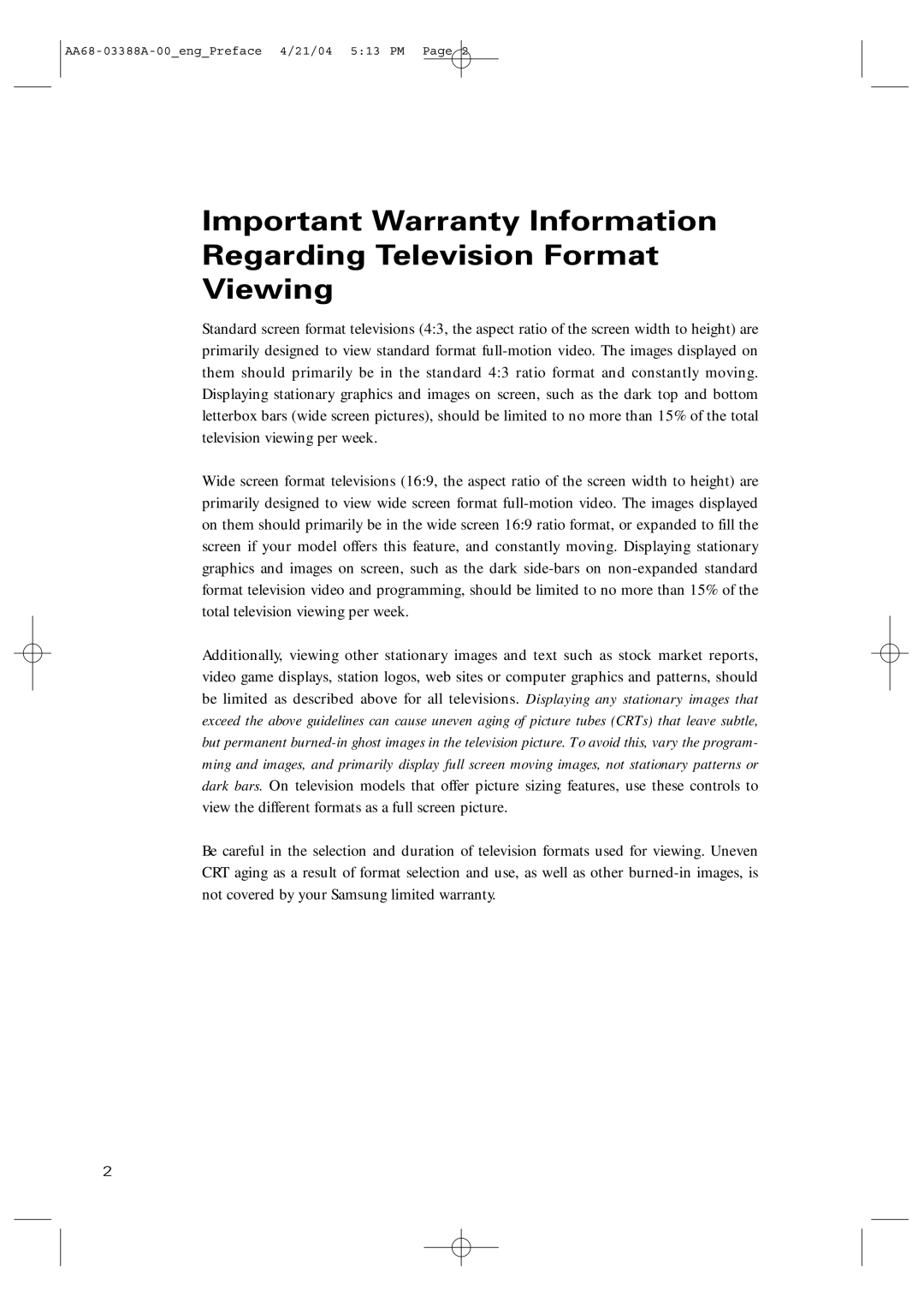 Samsung TX-P3076WH manual AA68-03388A-00engPreface 4/21/04 513 PM 