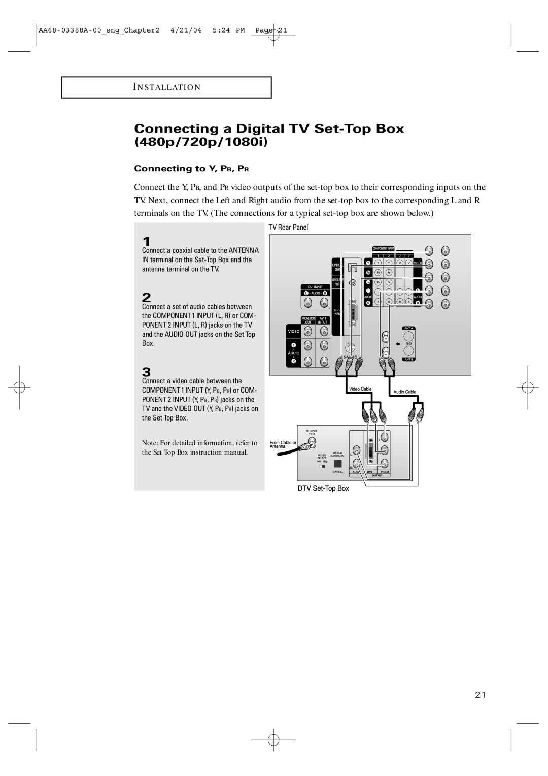 Samsung TX-P3076WH manual Connecting a Digital TV Set-Top Box 480p/720p/1080i 