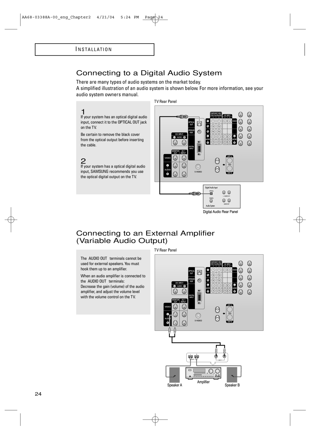 Samsung TX-P3076WH manual Connecting to a Digital Audio System, Connecting to an External Amplifier Variable Audio Output 