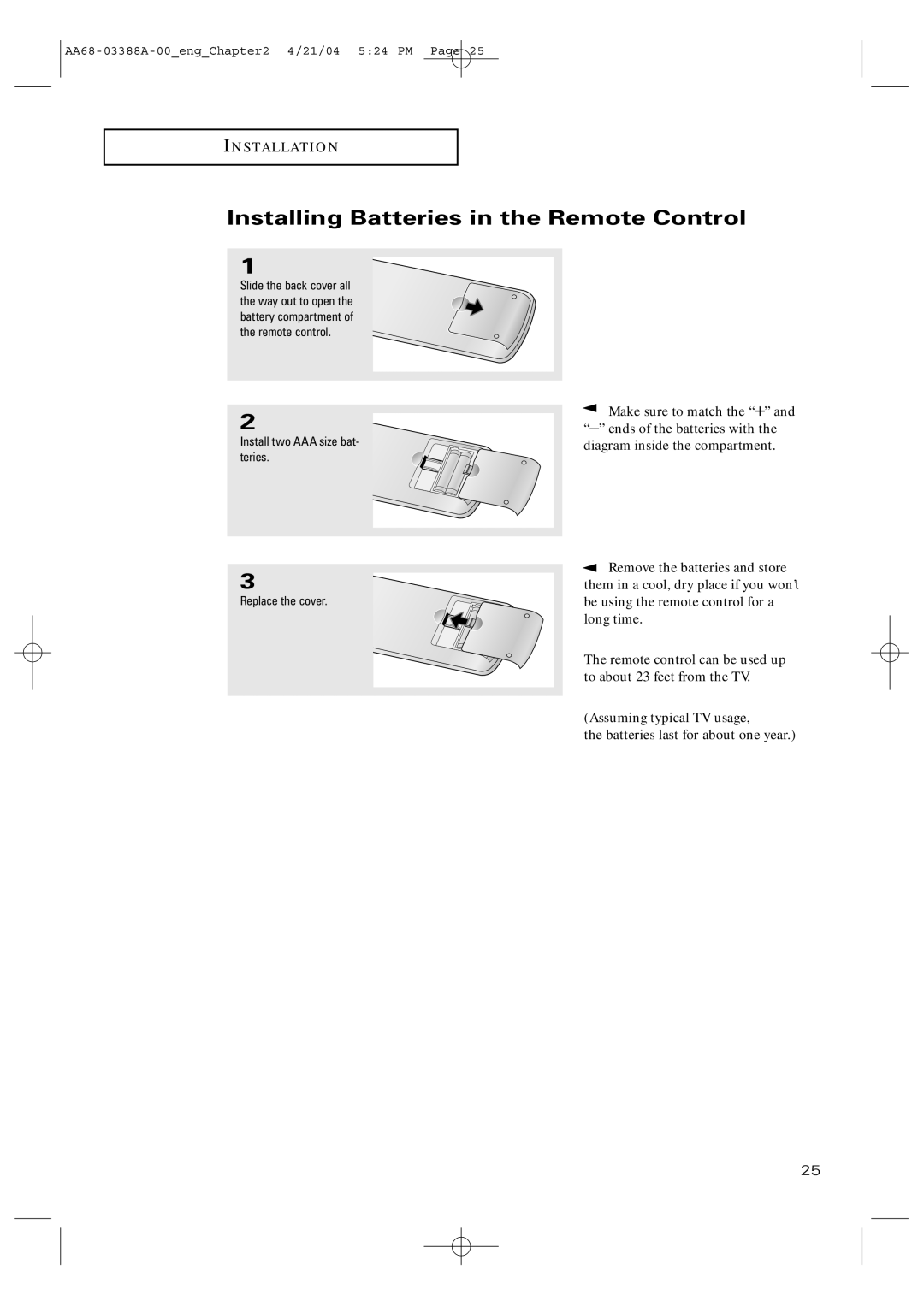 Samsung TX-P3076WH manual Installing Batteries in the Remote Control, Install two AAA size bat- teries Replace the cover 