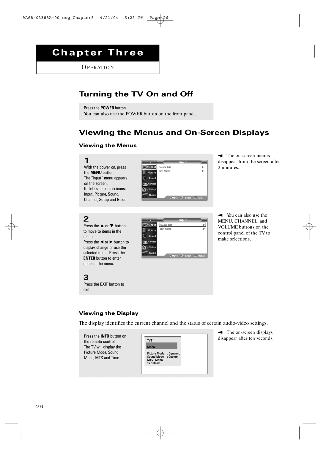 Samsung TX-P3076WH manual Turning the TV On and Off, Viewing the Menus and On-Screen Displays, Viewing the Display 