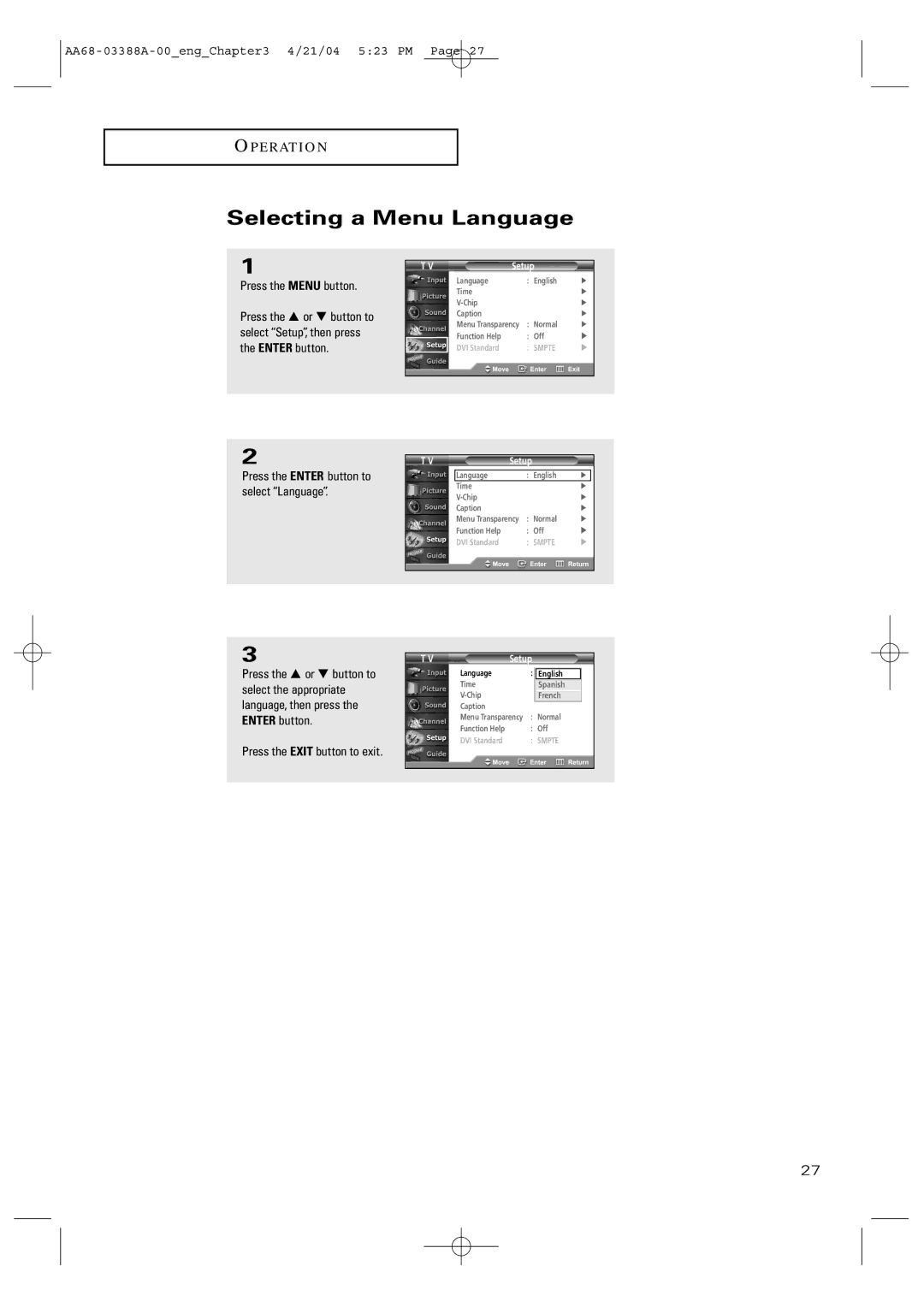 Samsung TX-P3076WH manual Selecting a Menu Language, Press the Menu button 