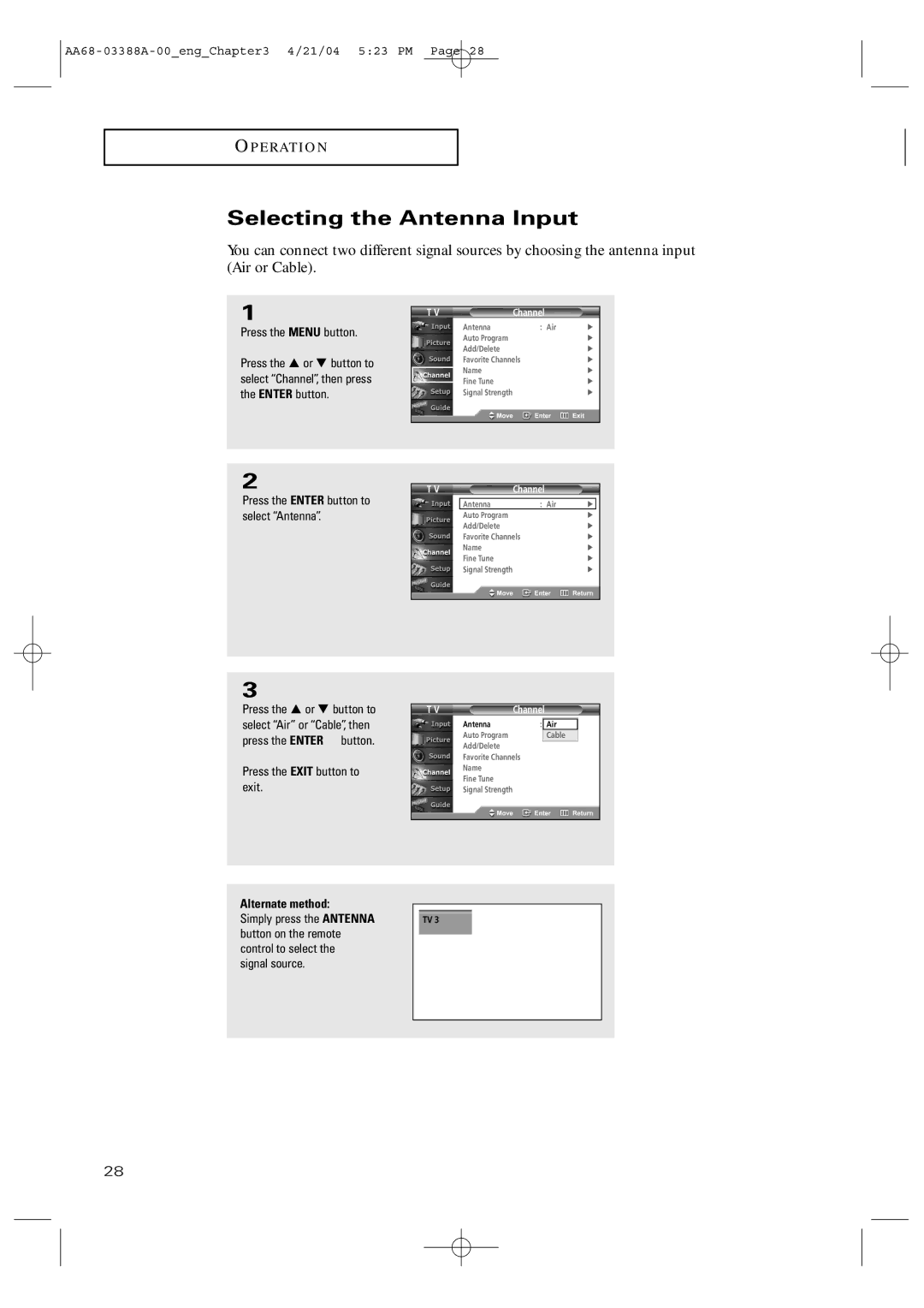 Samsung TX-P3076WH manual Selecting the Antenna Input, Press the Enter button to select Antenna 