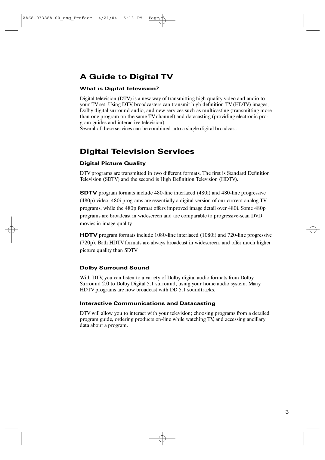 Samsung TX-P3076WH manual Guide to Digital TV, Digital Television Services 