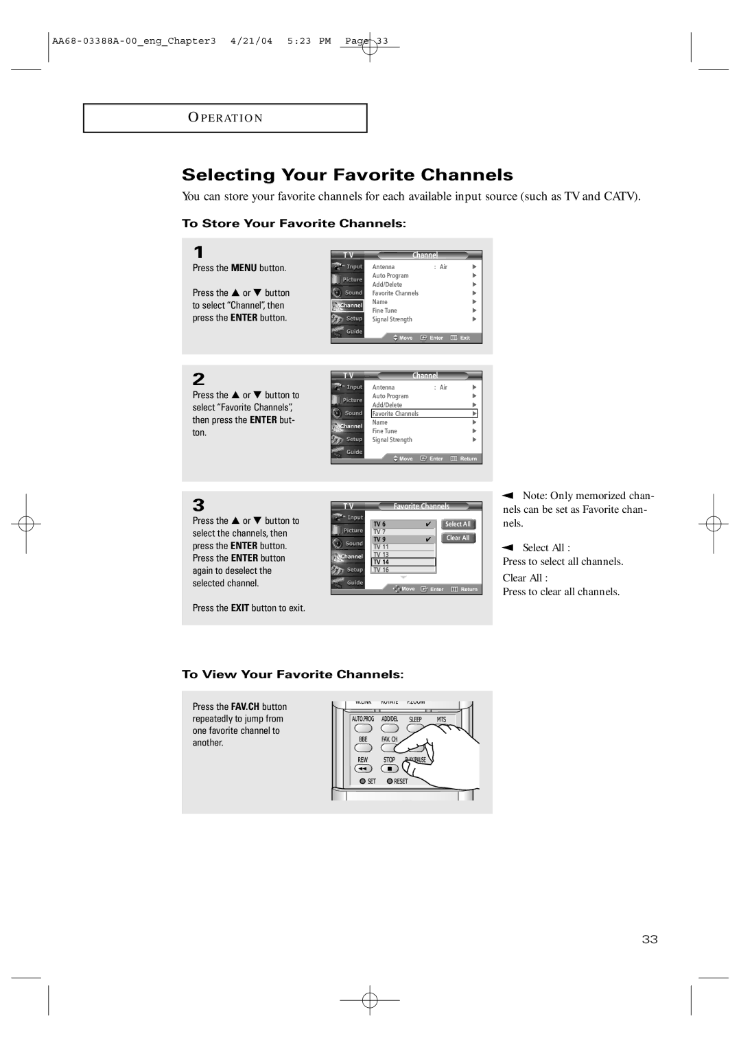 Samsung TX-P3076WH manual Selecting Your Favorite Channels, To Store Your Favorite Channels, To View Your Favorite Channels 