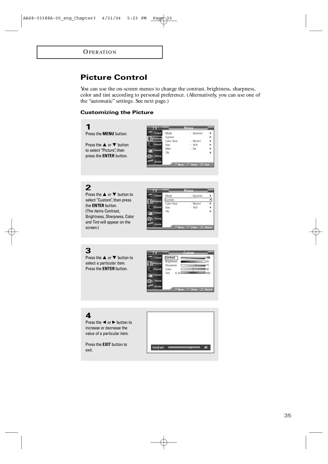 Samsung TX-P3076WH manual Picture Control, Customizing the Picture 