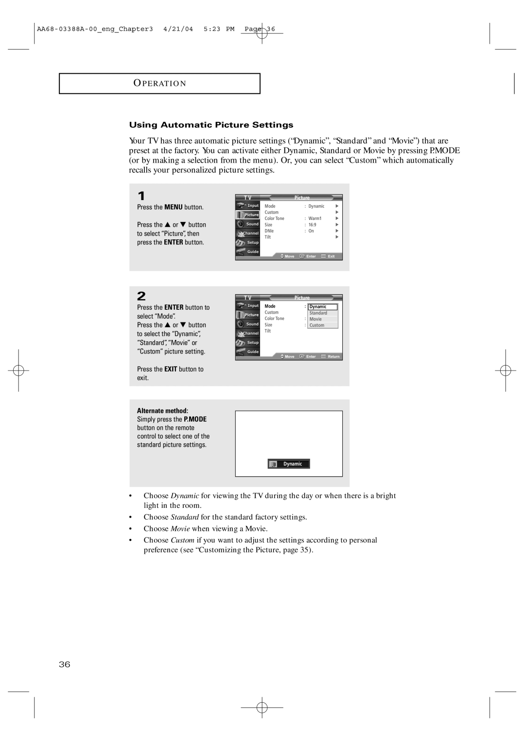 Samsung TX-P3076WH manual Using Automatic Picture Settings 