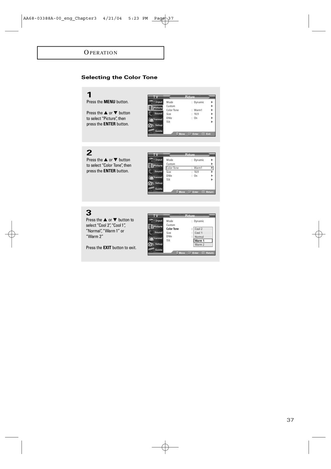 Samsung TX-P3076WH manual Selecting the Color Tone 