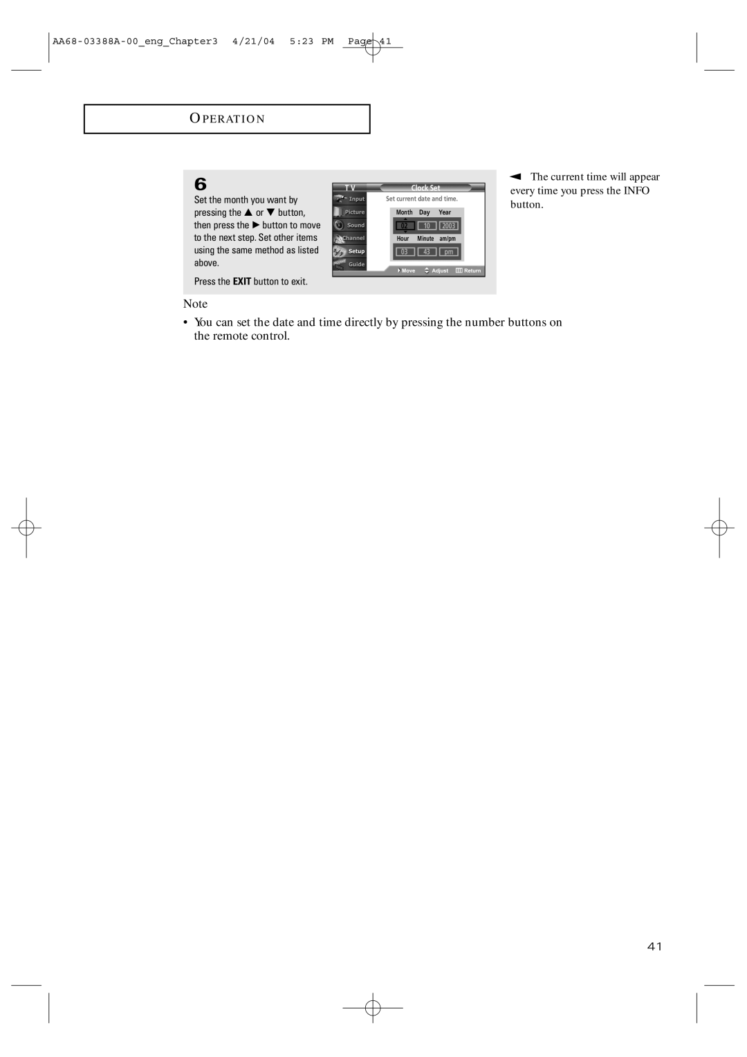 Samsung TX-P3076WH manual Current time will appear 