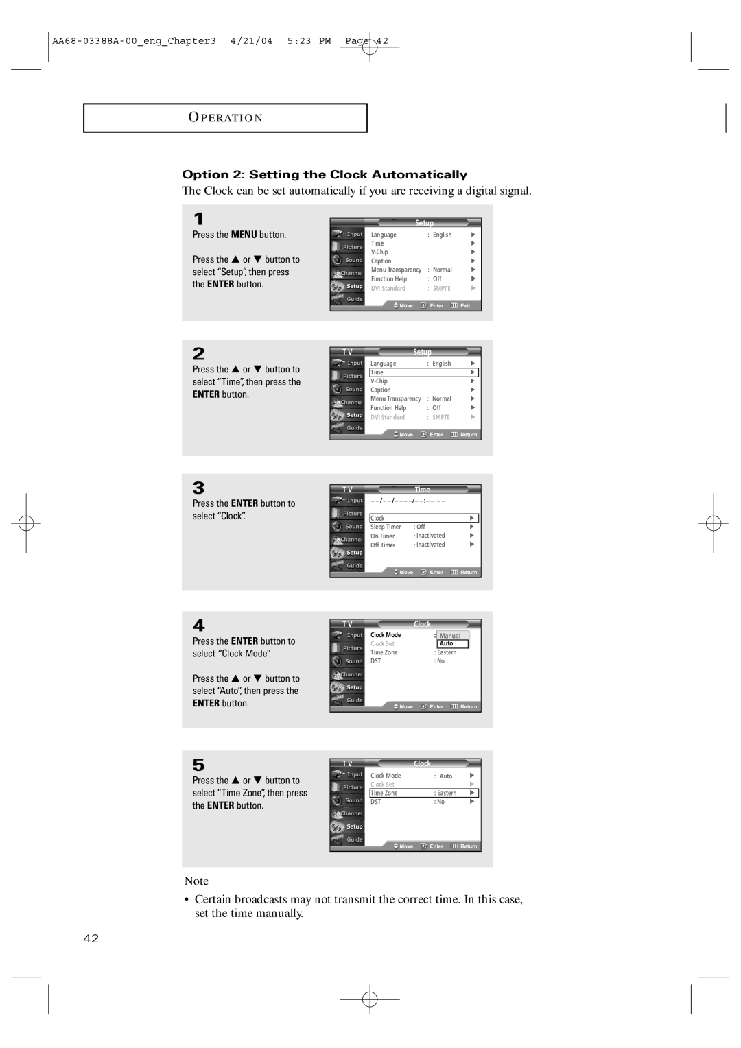 Samsung TX-P3076WH manual Option 2 Setting the Clock Automatically 