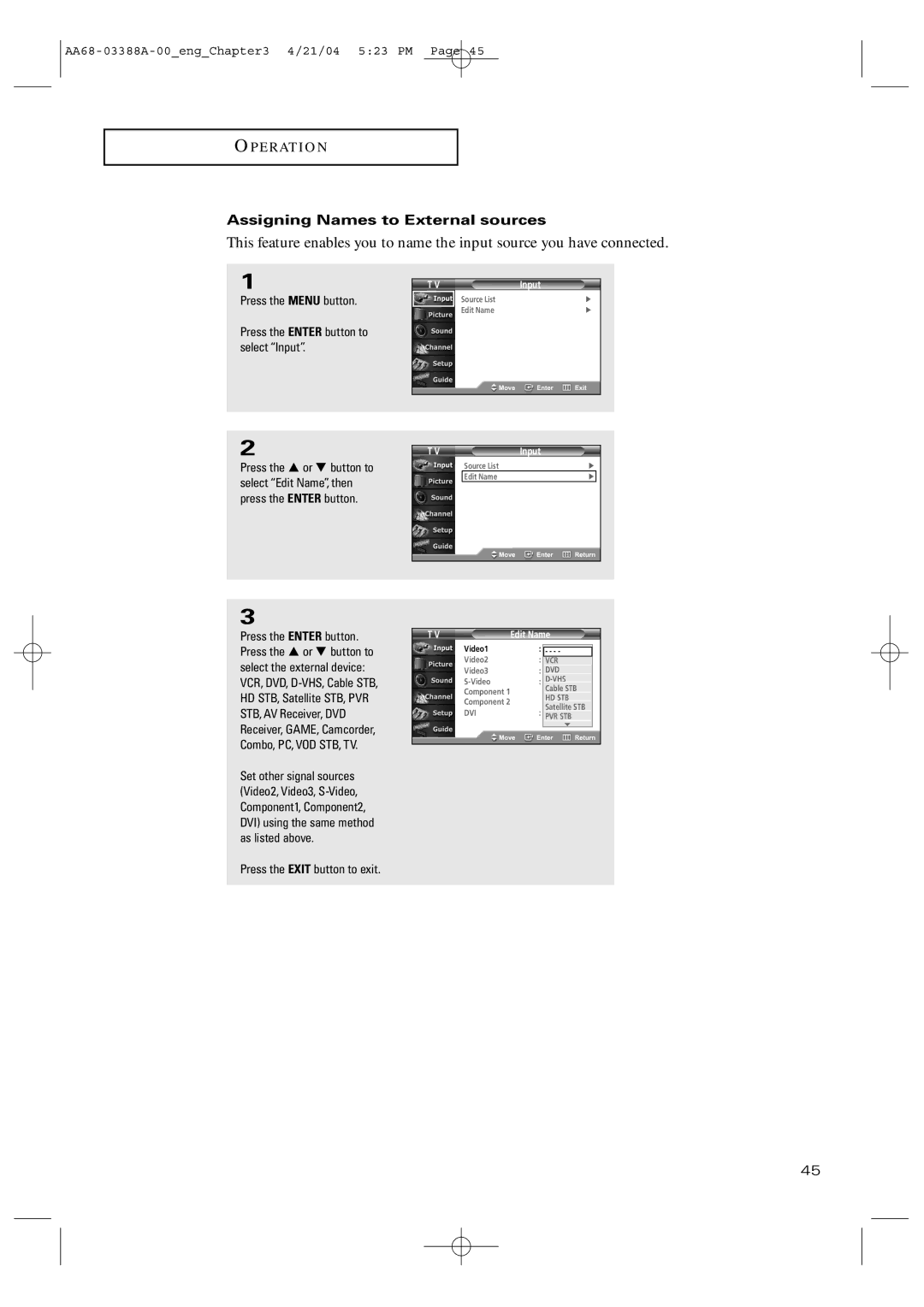 Samsung TX-P3076WH manual Assigning Names to External sources 