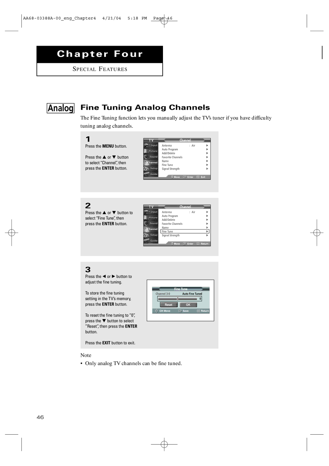 Samsung TX-P3076WH manual Fine Tuning Analog Channels, Only analog TV channels can be fine tuned 