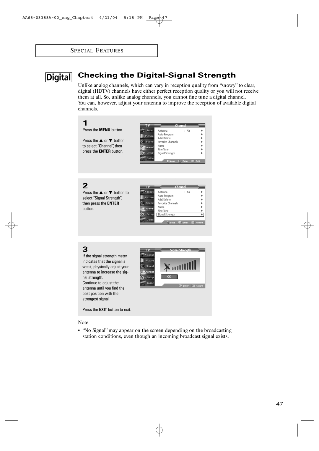 Samsung TX-P3076WH manual Checking the Digital-Signal Strength 