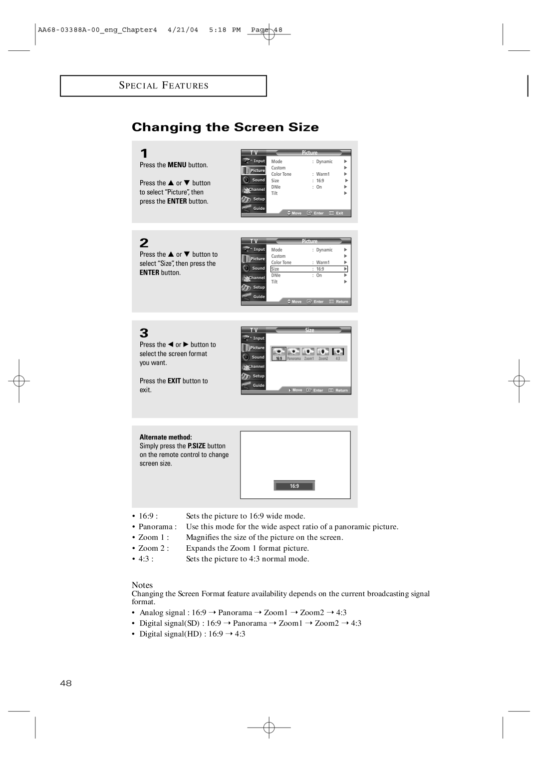 Samsung TX-P3076WH manual Changing the Screen Size 