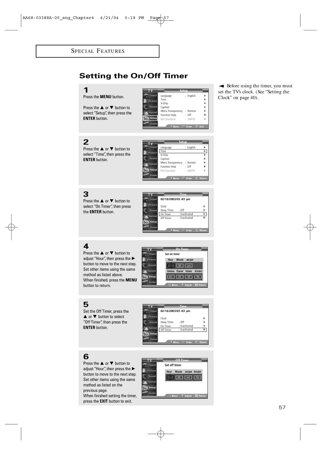 Samsung TX-P3076WH manual Setting the On/Off Timer 