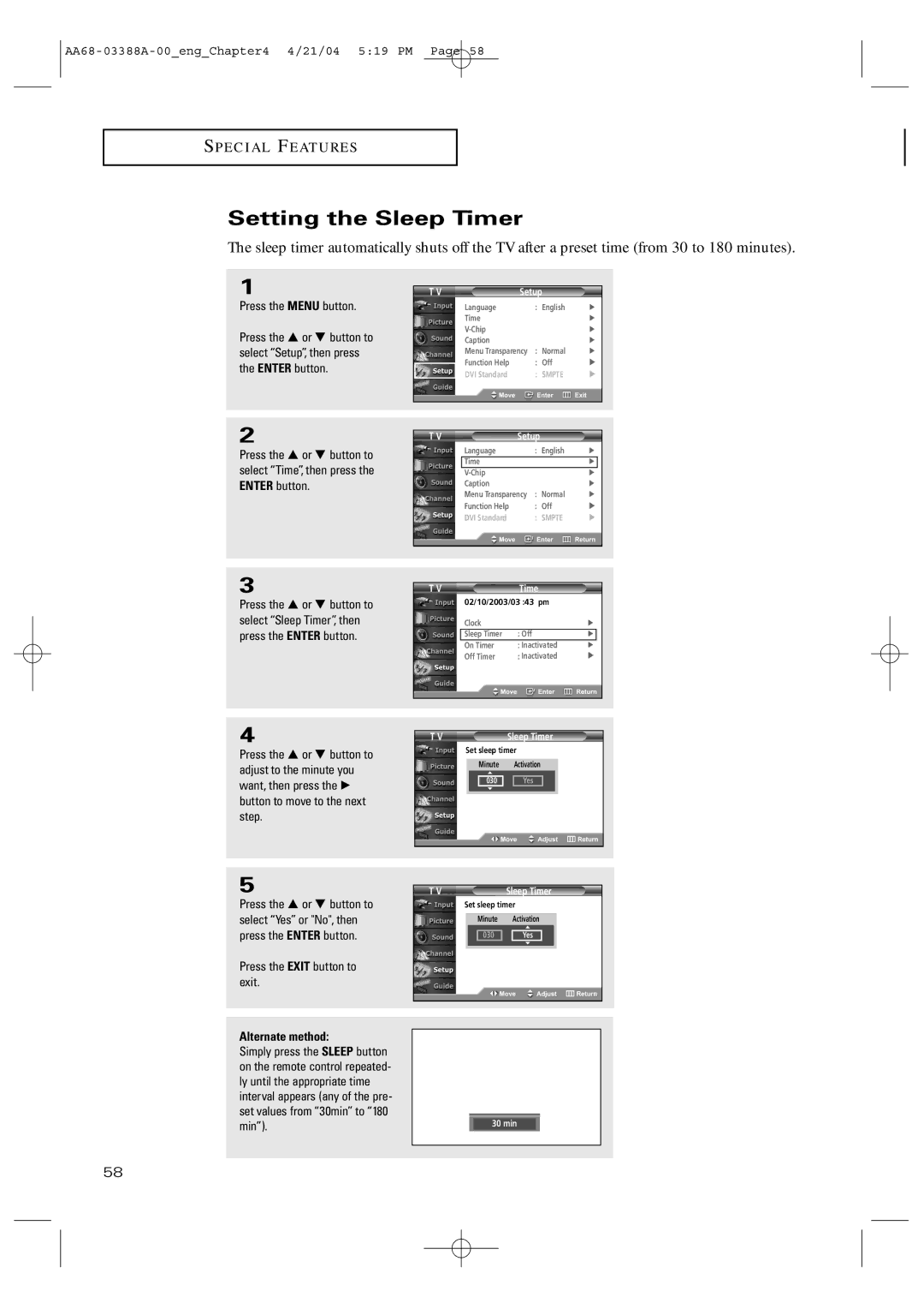 Samsung TX-P3076WH manual Setting the Sleep Timer 