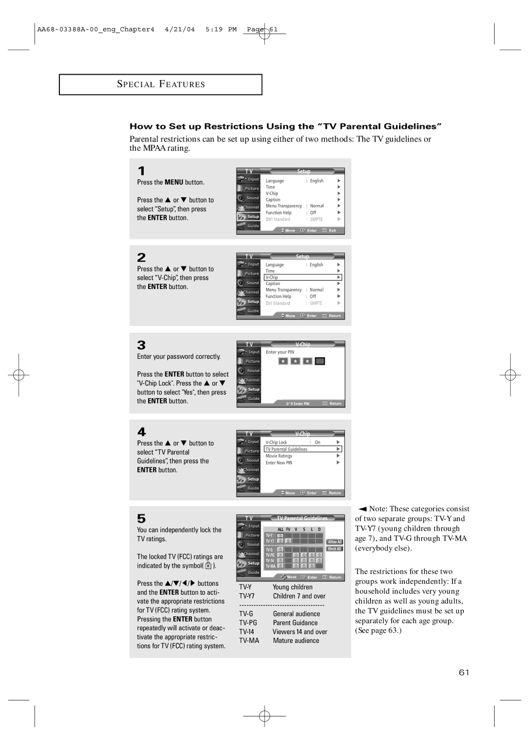 Samsung TX-P3076WH manual How to Set up Restrictions Using the TV Parental Guidelines 