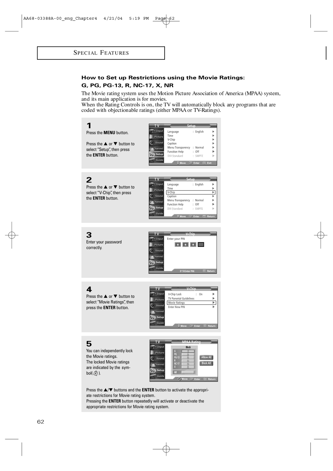 Samsung TX-P3076WH manual Mpaa Rating 