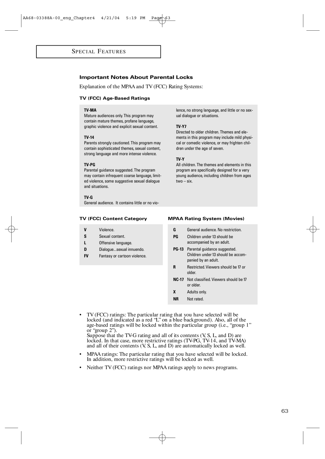 Samsung TX-P3076WH manual Explanation of the Mpaa and TV FCC Rating Systems, Important Notes About Parental Locks 