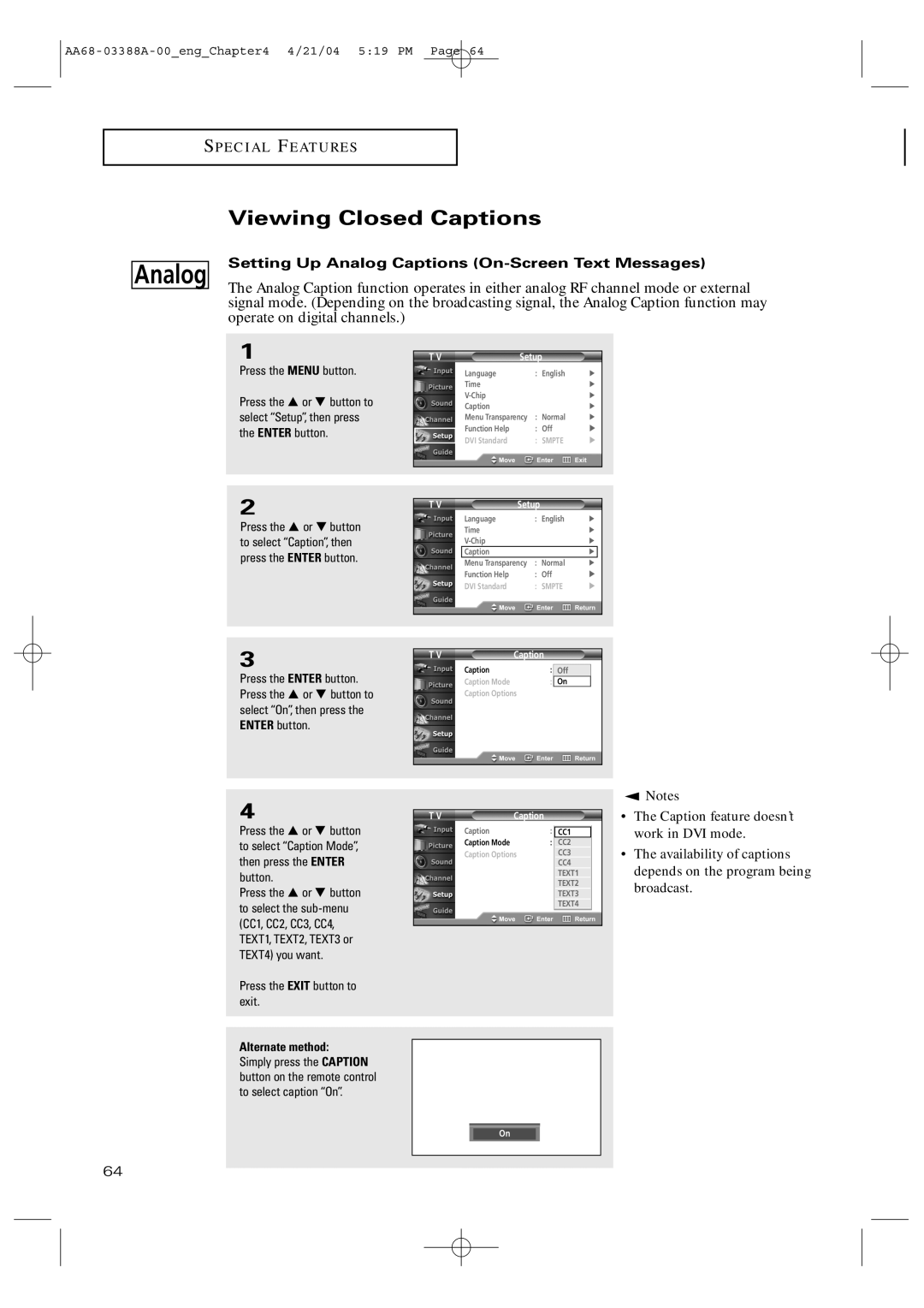 Samsung TX-P3076WH manual Viewing Closed Captions, Setting Up Analog Captions On-Screen Text Messages 