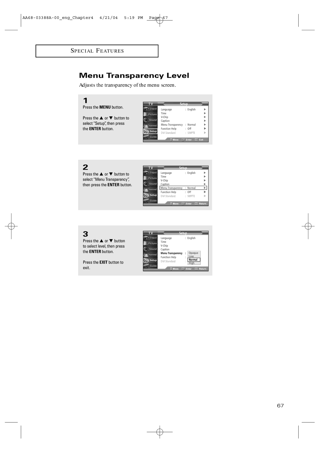 Samsung TX-P3076WH manual Menu Transparency Level, Adjusts the transparency of the menu screen 